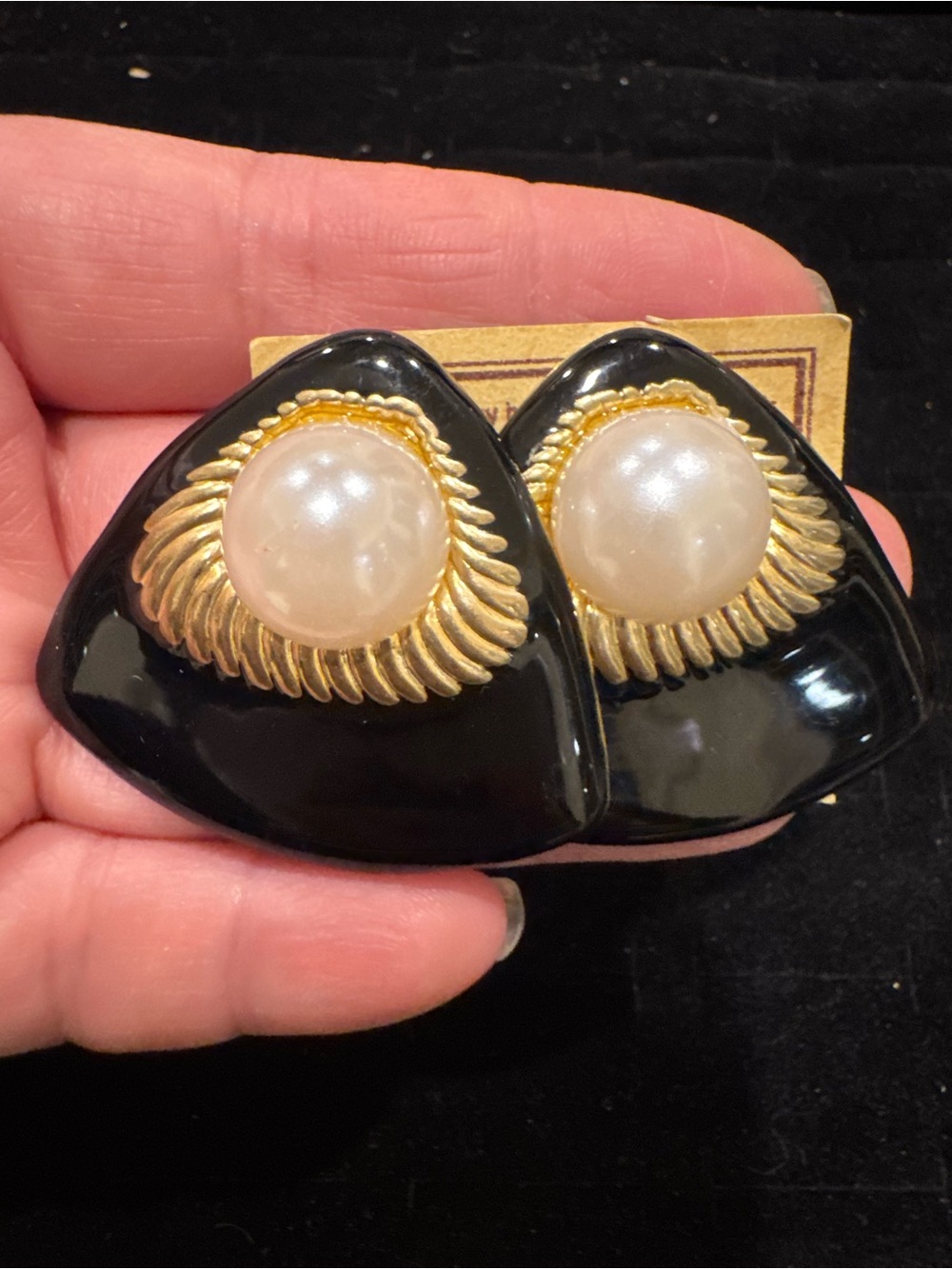 Vintage Black Gold Tone Faux Pearl Statement Pierced Earrings NOS Card